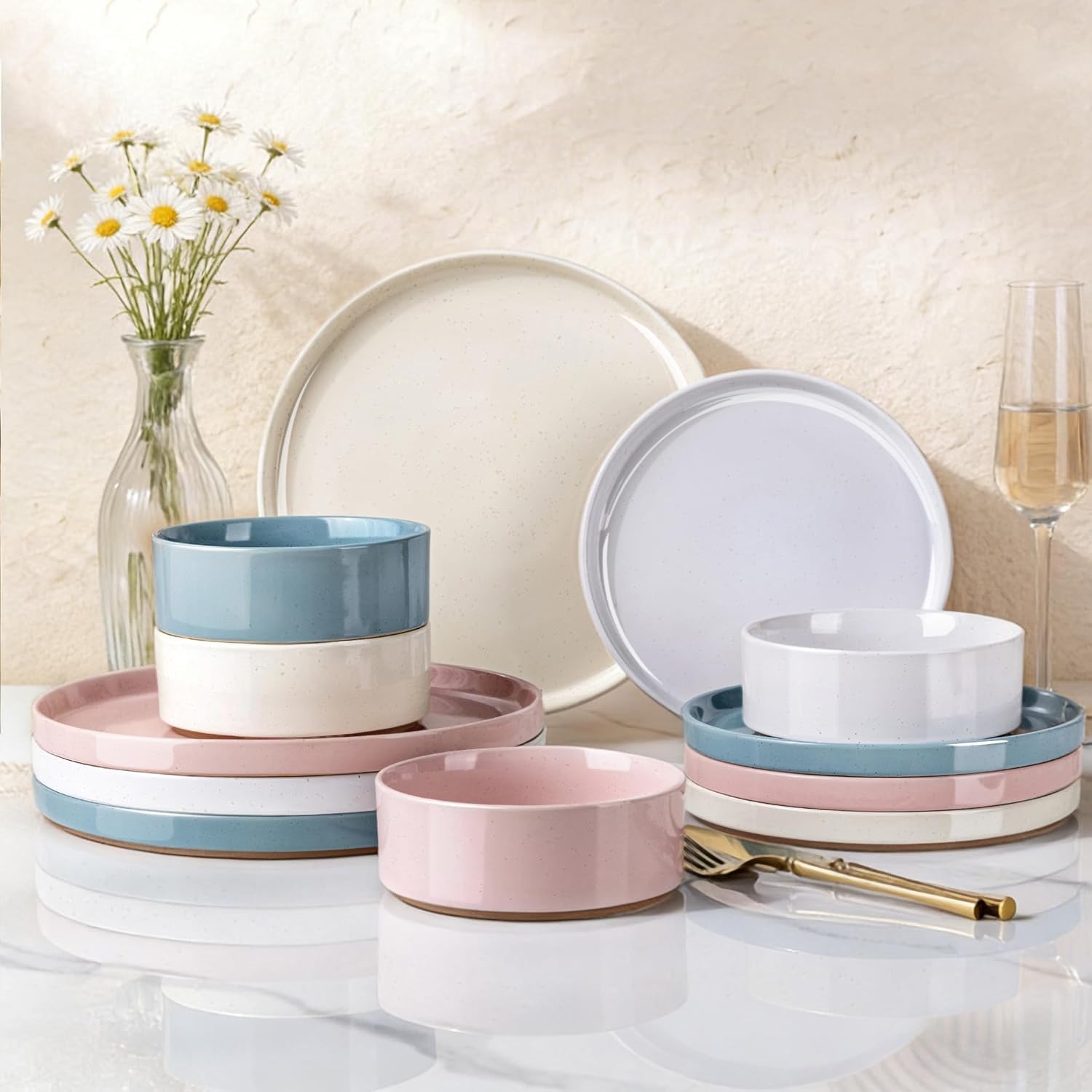 AmorArc Ceramic Dinnerware Set for 4 | Handpainted Stoneware Plates and Bowls with Rustic unglazed Terracotta | Scratch Resistant, Dishwasher & Microwave Safe Dishes Sets- 12-Pcs Colorful