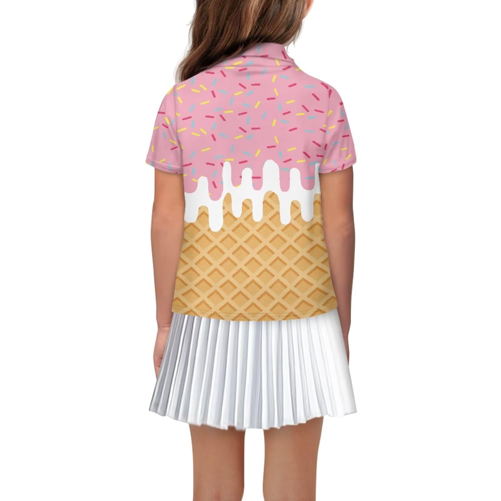 Psaytomey Girls Short Sleeve Golf Shirts Pink Ice Cream Button Up V Neck Lapel Collar Tennis Shirts Golf Clothes Soft Quick Dry Athletic Tank Tops Summer Activewear