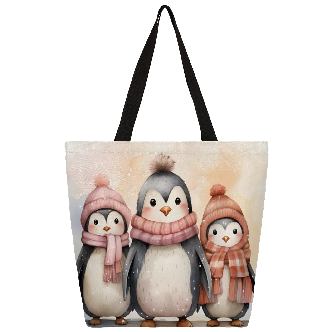 Mularoka Watercolour Penguins Large Capacity Canvas Tote Bag Stylish Handheld Shoulder Bag Reusable Shopping Bag for Work Travel Beach Trips Shopping