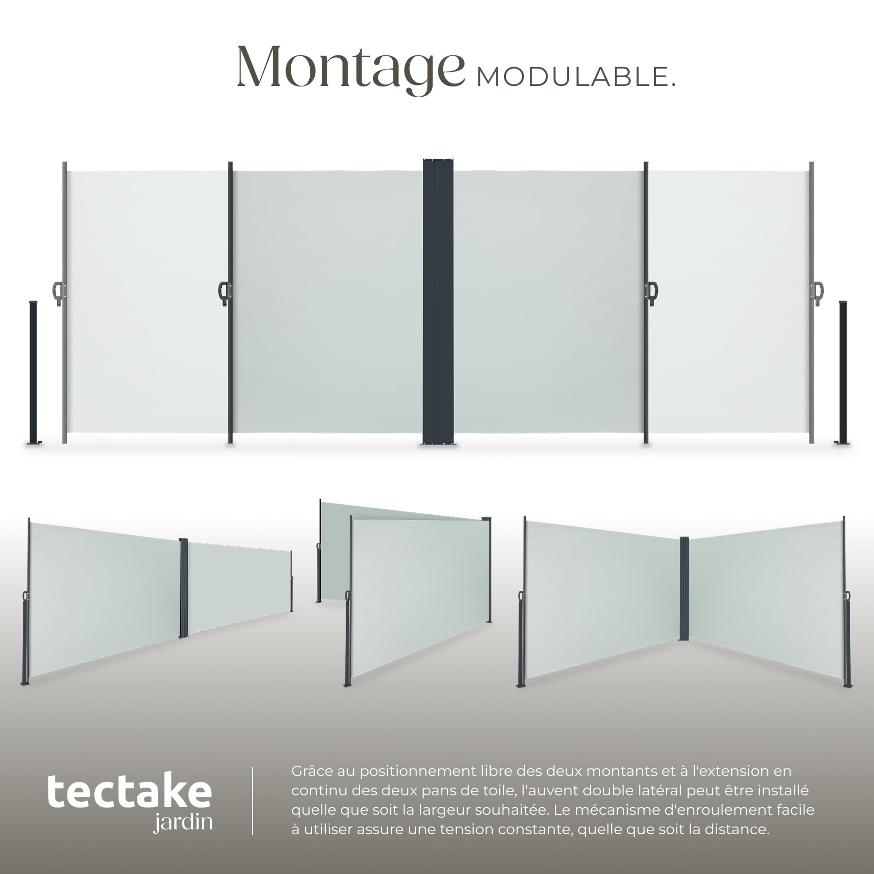 tectake® Store Latéral Double 200 x 600 cm, Résistant aux intempéries, Extensible avec mécanisme d'enroulement, Brise Vue Opaque, Protection Soleil et Vent, Tissu en Polyester Enduit - Gris