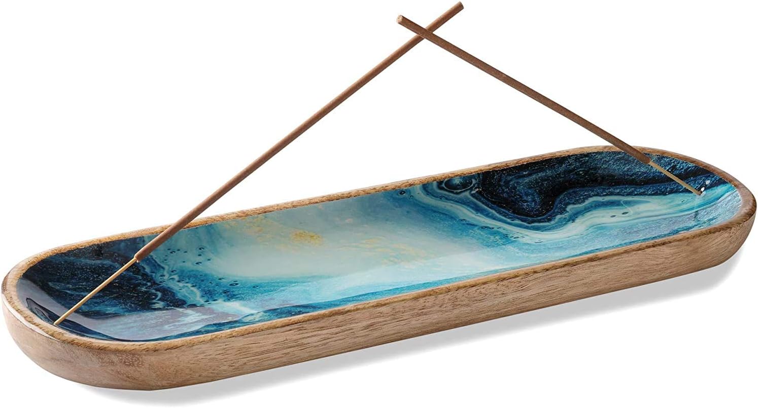 natureCRAFTS Natural Wood Agarbatti Incense Holder and Ash Catcher for Home ,Wooden Incense Tray for Sticks, Mango Wood Stick Tray, Blue, 1 Piece(Rectangular)