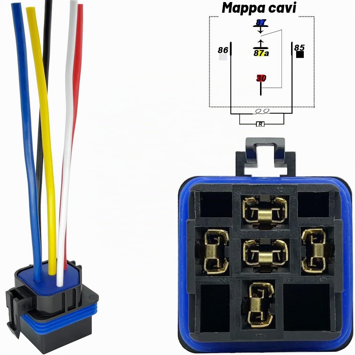 Confezione da 5 relè e cablaggio impermeabili da 40/30 AMP 12 V DC – fili di rame stagnati da 12 AWG, relè automobilistico SPDT a 5 pin