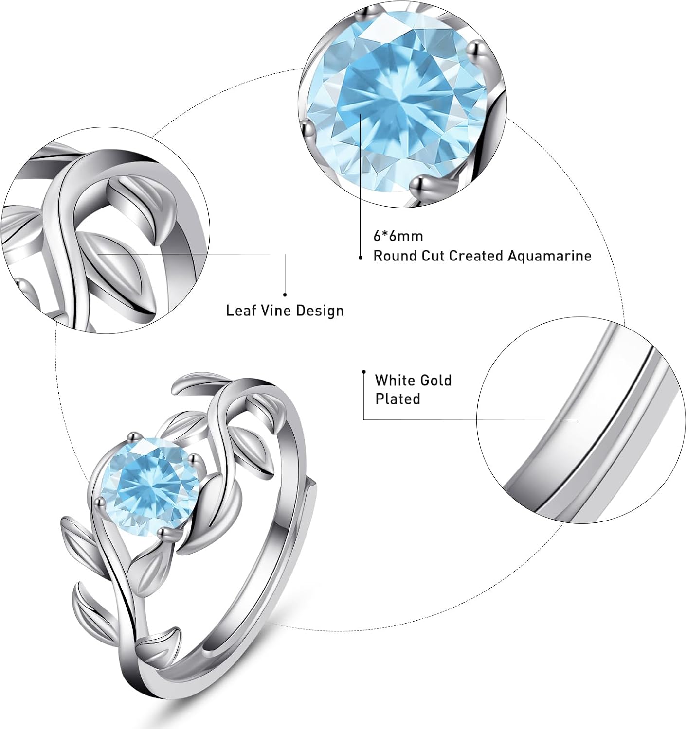Yaresul 0.8CT Adjustable Women Leaf Ring, 12-Month Birthstone Rings for Women 6mm Round-Cut Simulated Gemstone Statement Engagement Stackable Ring, White Gold, Open Size 5-9