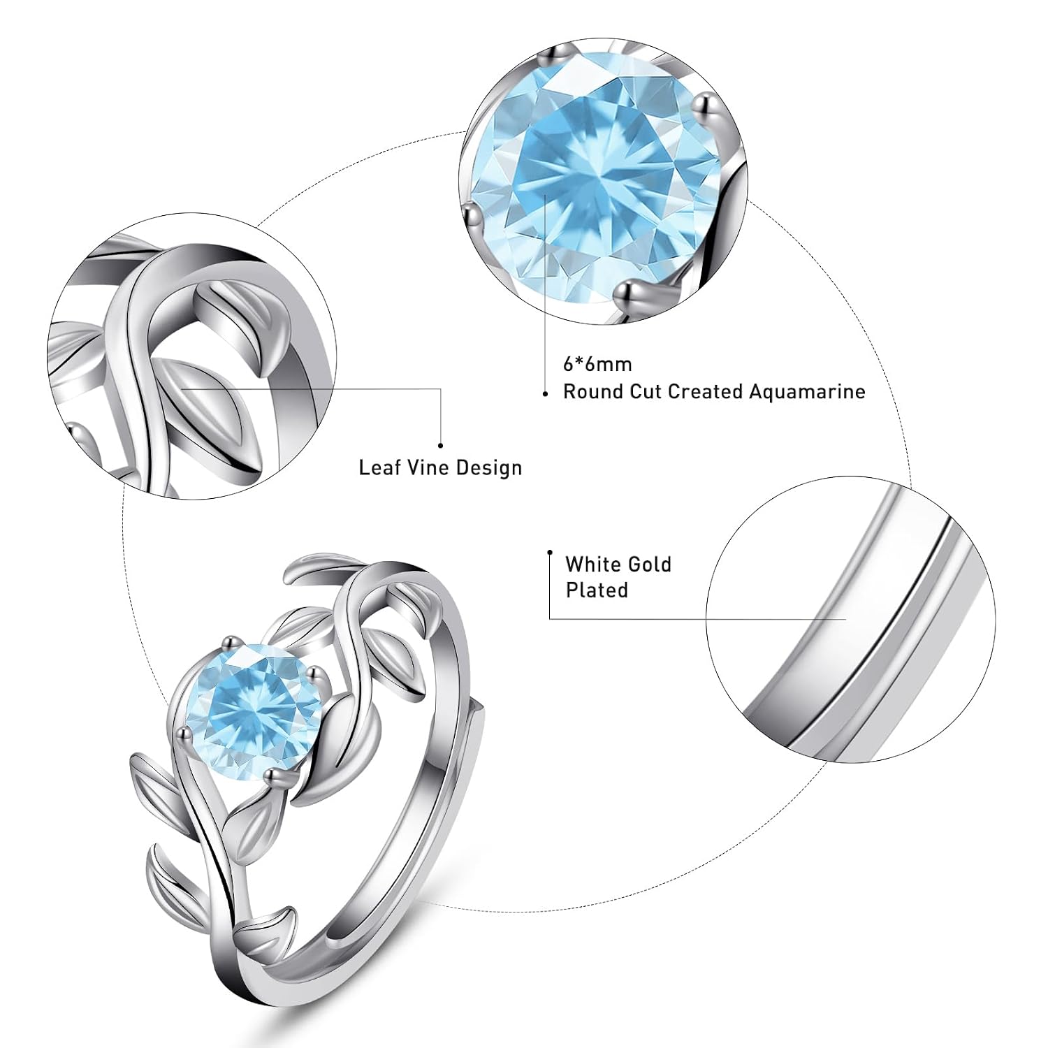 Yaresul 0.8CT Adjustable Women Leaf Ring, 12-Month Birthstone Rings for Women 6mm Round-Cut Simulated Gemstone Statement Engagement Stackable Ring, White Gold, Open Size 5-9 - Image 2