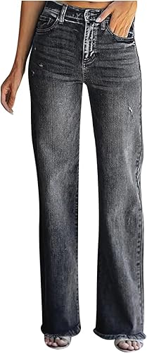 Jeans de cintura alta para mujer, pantalones holgados de pierna recta, desgastados, con dobladillo deshilachado, pantalones de mezclilla casuales