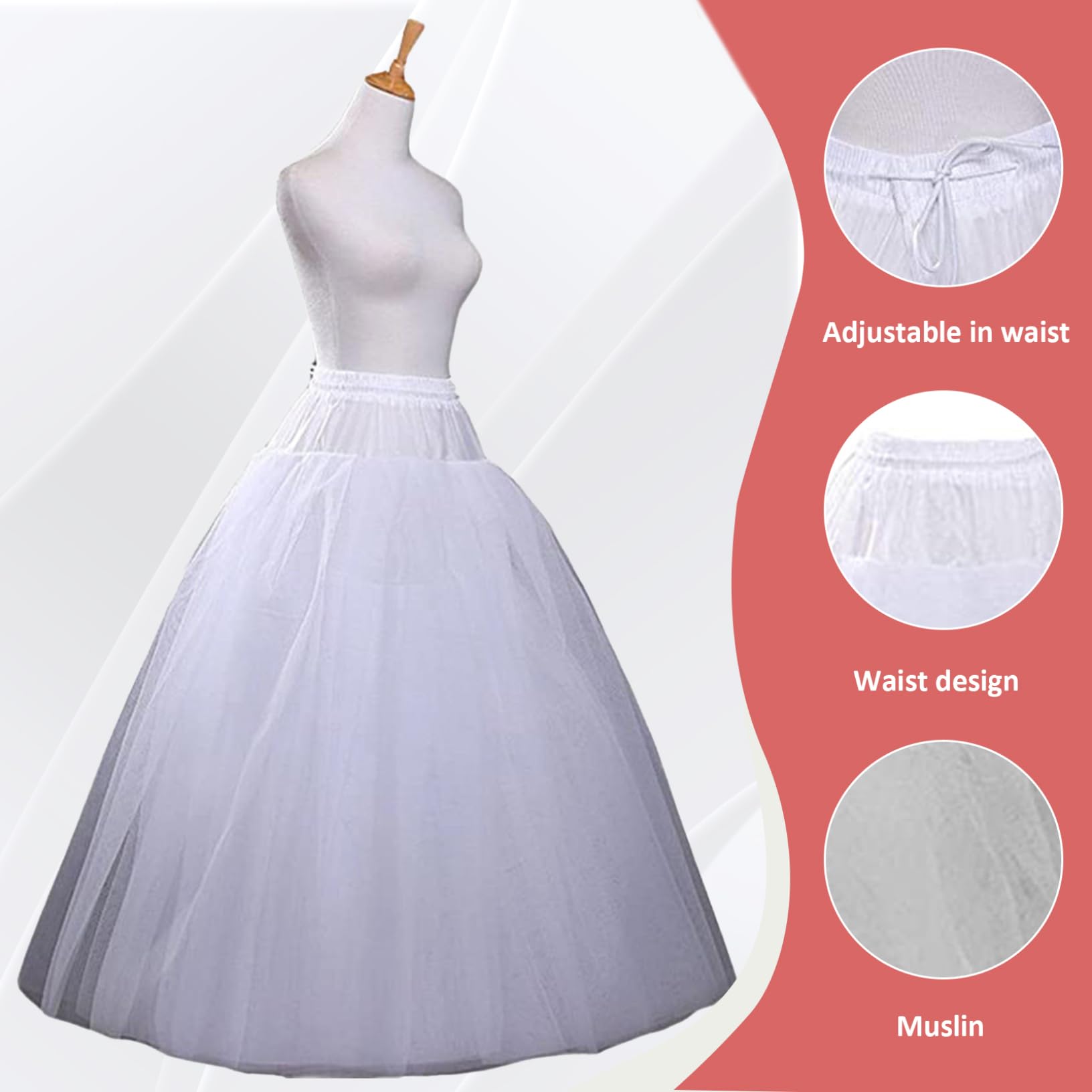 Sottogonna in Crinolina da Donna Sottogonna in Tulle gonfio a 8 Strati con Fodera Raso Sottoveste Lunga Senza Cerchio con Corda Vita Regolabile per Matrimoni Eventi Costume.
