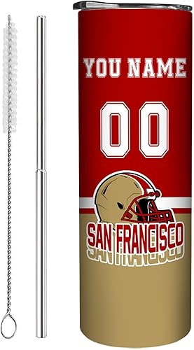 Vaso aislado de acero inoxidable San Francisco Customs de 20 onzas con tapa y pajillas, regalos de fútbol personalizados para fanáticos, taza de