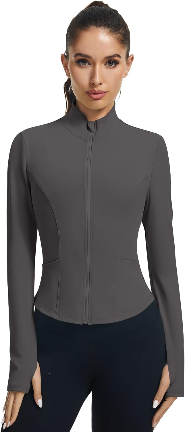 LOMON Hiking Jacket Women Gym Shirts Woman Athletic Jackets for Women Full Zip Active Long Sleeve Tops Dark Grey L - Image 4