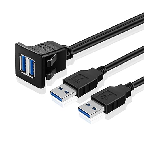 TNP - Cable de montaje empotrado USB 3.0 dual con hebilla (cuadrado) montaje en tablero de salpicadero, 2 puertos, conector de enchufe USB doble,