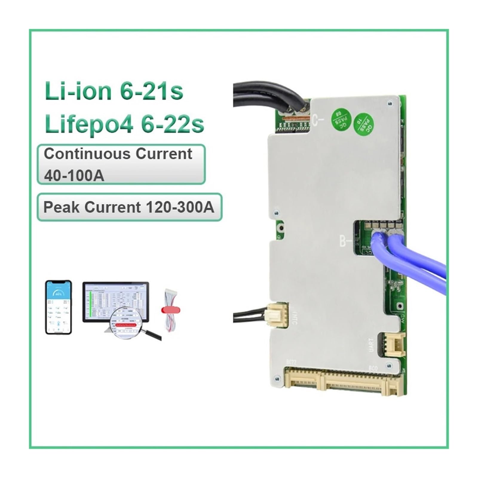 Piastra di protezione della batteria agli ioni di litio Bilanciatore BMS 6S 8S 10S 12S 14S 15S 16S 18S 20S 21S 22S BMS Lifepo4 100A 80A 50A 40A 24V 36V 48V 60V BT integrato con NTC(Li-ion 6-21S,80A UA