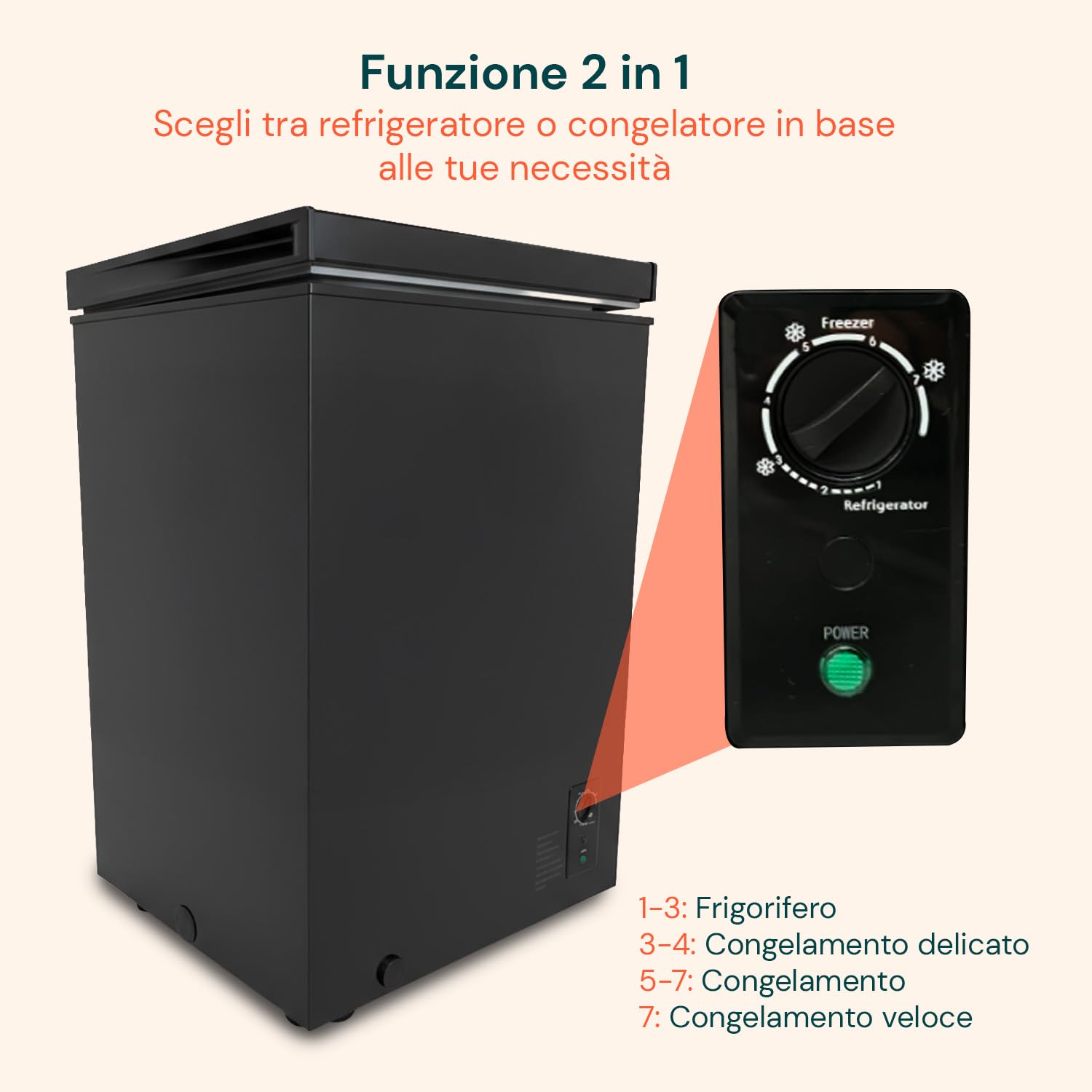 Wintem – Congelatore Libera Installazione a Pozzetto 99L per Casa e Ufficio, Doppia Funzione Frigo e Freezer, Termostato Regolabile a 7 Livelli, Basso Consumo e Funzionamento Silenzioso