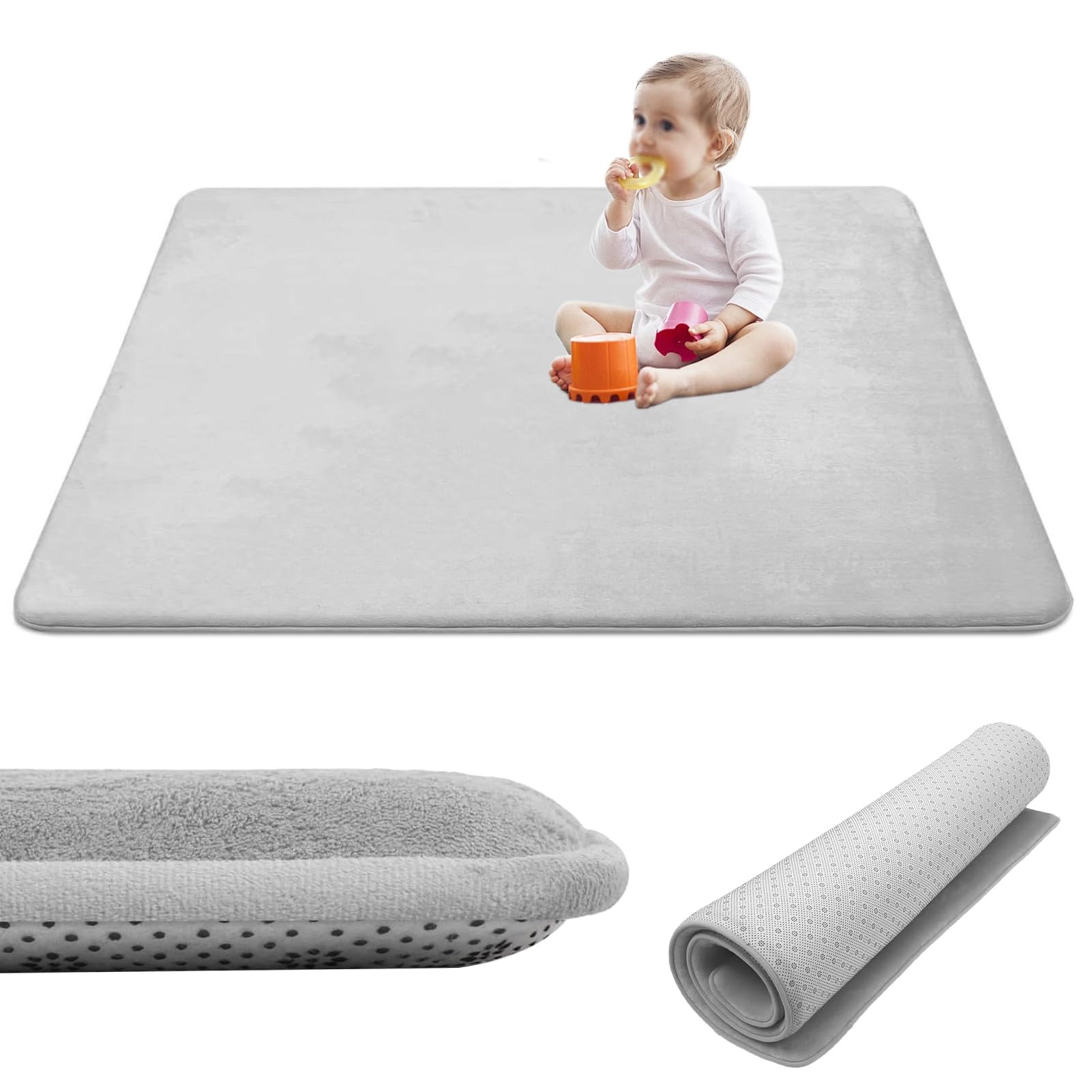 Murzoeky Baby Floor Play Mat Large, 150 x 150 cm x 2cm Thick Memory Foam Crawling Mat, Coral Velvet Activity Rug for Tummy Time, Non-Slip Nursery Floor Mat for Toddlers, Infants Grey