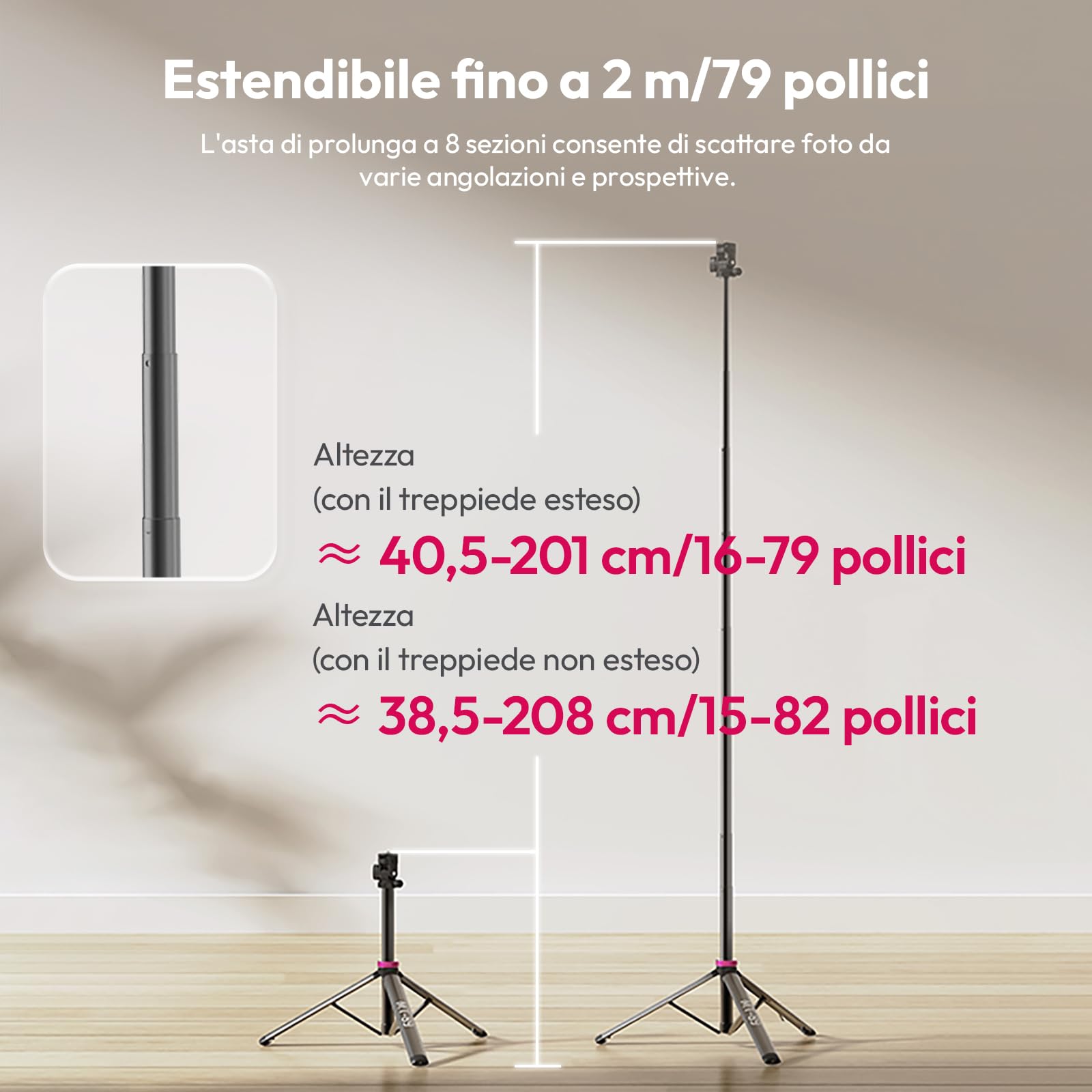 ULANZI MT-89 stativo fotografico compatto da 208,3 cm con vite da 1/4" a sgancio rapido, capacità di carico 1kg, treppiede estensibile regolabile in alluminio, con testa a sfera a 360°