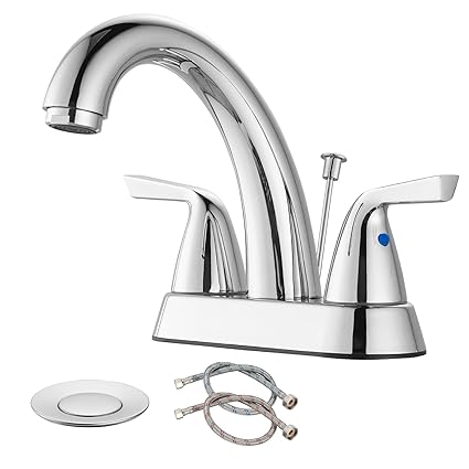 Kelmuel Chrome Polish Bathroom Sink Faucet 4 Inch Centerset Basin Mixer Tap with Lift Rod Drain Stopper 2 Handle Stainless Steel Lavatory Faucet Bath Sink Faucet Vanity Faucets for Sink 2or3 Hole