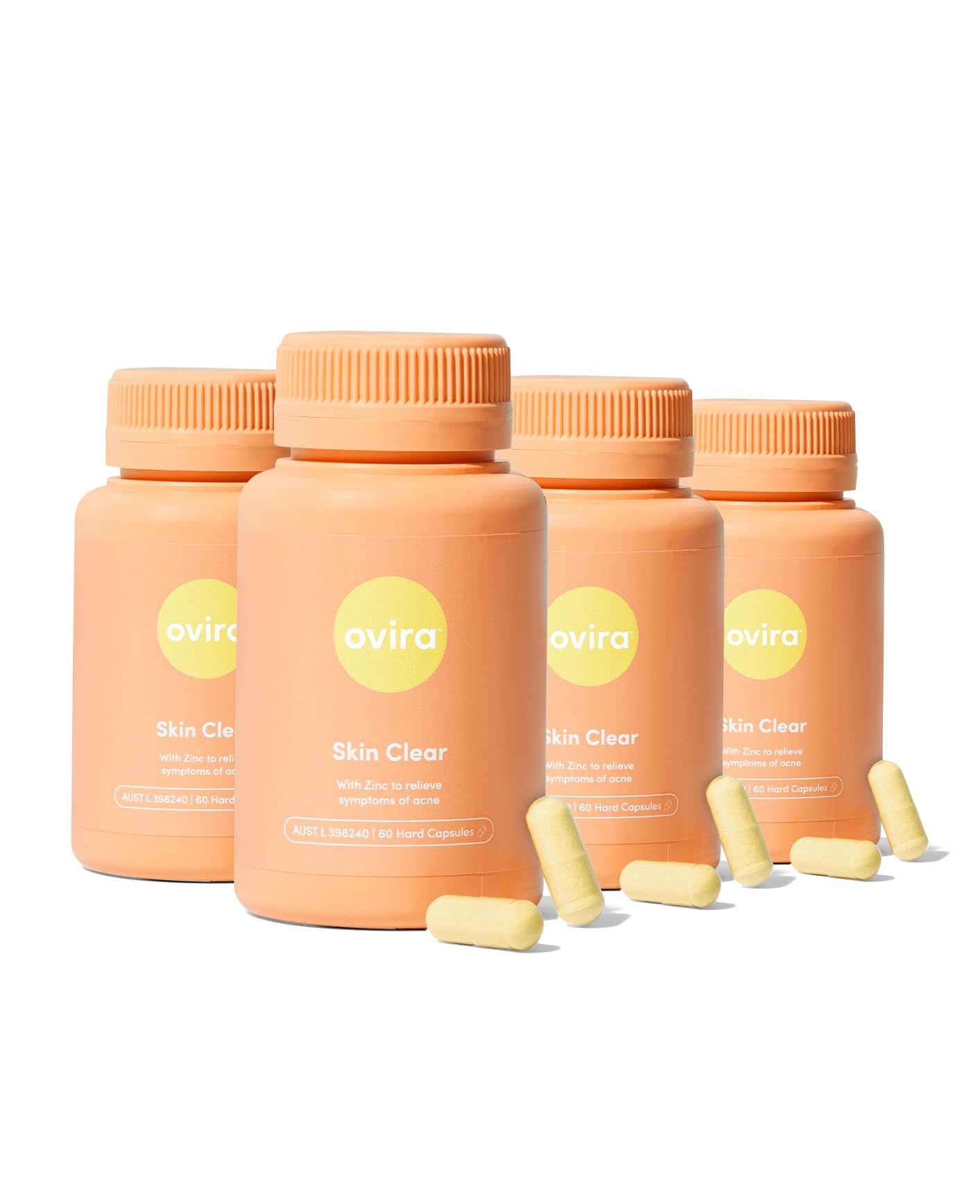 Ovira Skin Clear with ZINCBRIGHT - 60 Capsules for Clear and Glowing Skin | Rosacea & Hormonal Acne Treatment | Support Collagen Production | Acne Supplements for Women & Men - Pack of 4