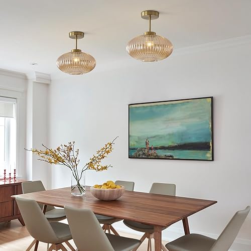 Miniatura 7 de KCO Lámpara de techo de cristal ámbar con burbujas de mediados de siglo, moderna semiempotrada, luces de techo de montaje empotrado doradas para