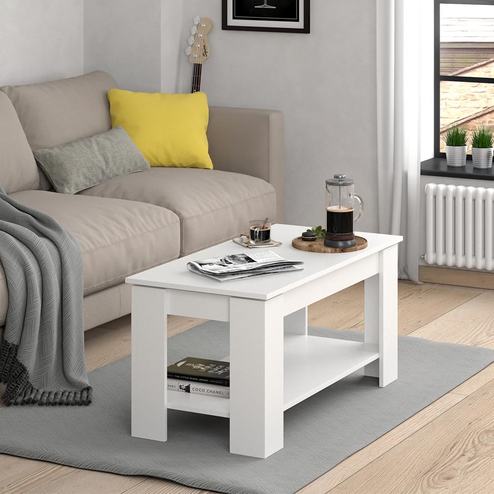 Vicco Couchtisch Lorenz, Weiß, 100 x 50 cm | mit Liftfunktion, mit Hebemechanismus und höhenverstellbarer Tischplatte