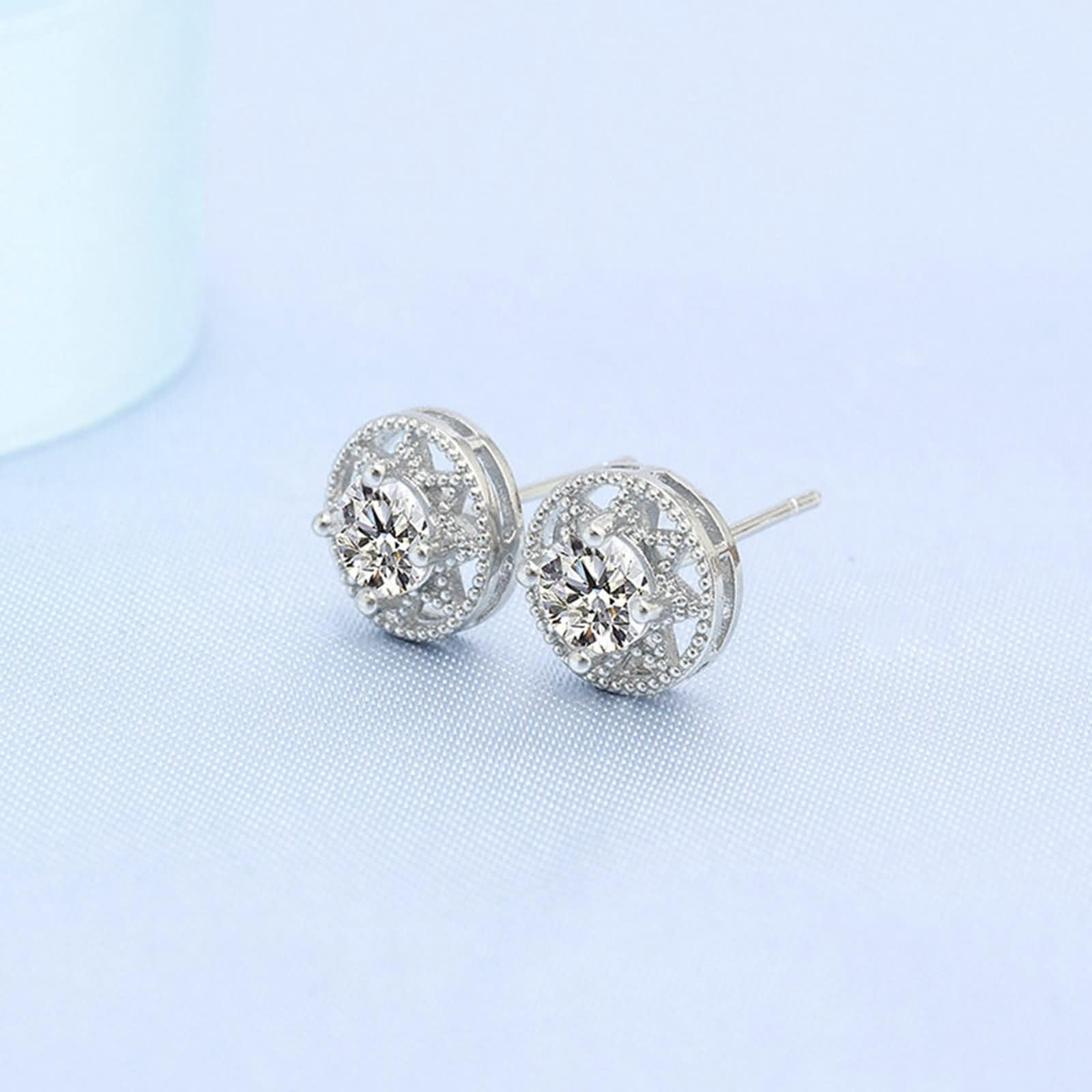 Pendientes de Oro Blanco para Mujer 9K / 14K / 18Kt, Redondo y Estrella con Moissanita, Pendientes Boda Plata para Mujer