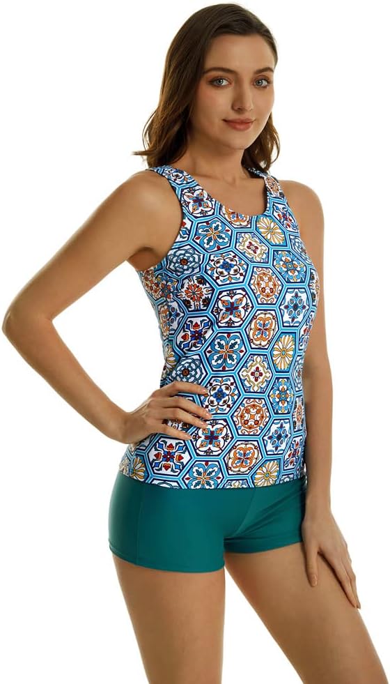 2 Piece Tankini Swimsuits for Women Swim Tank Top Bathing Suits with Boy Shorts and Bra Athletic Swimwear