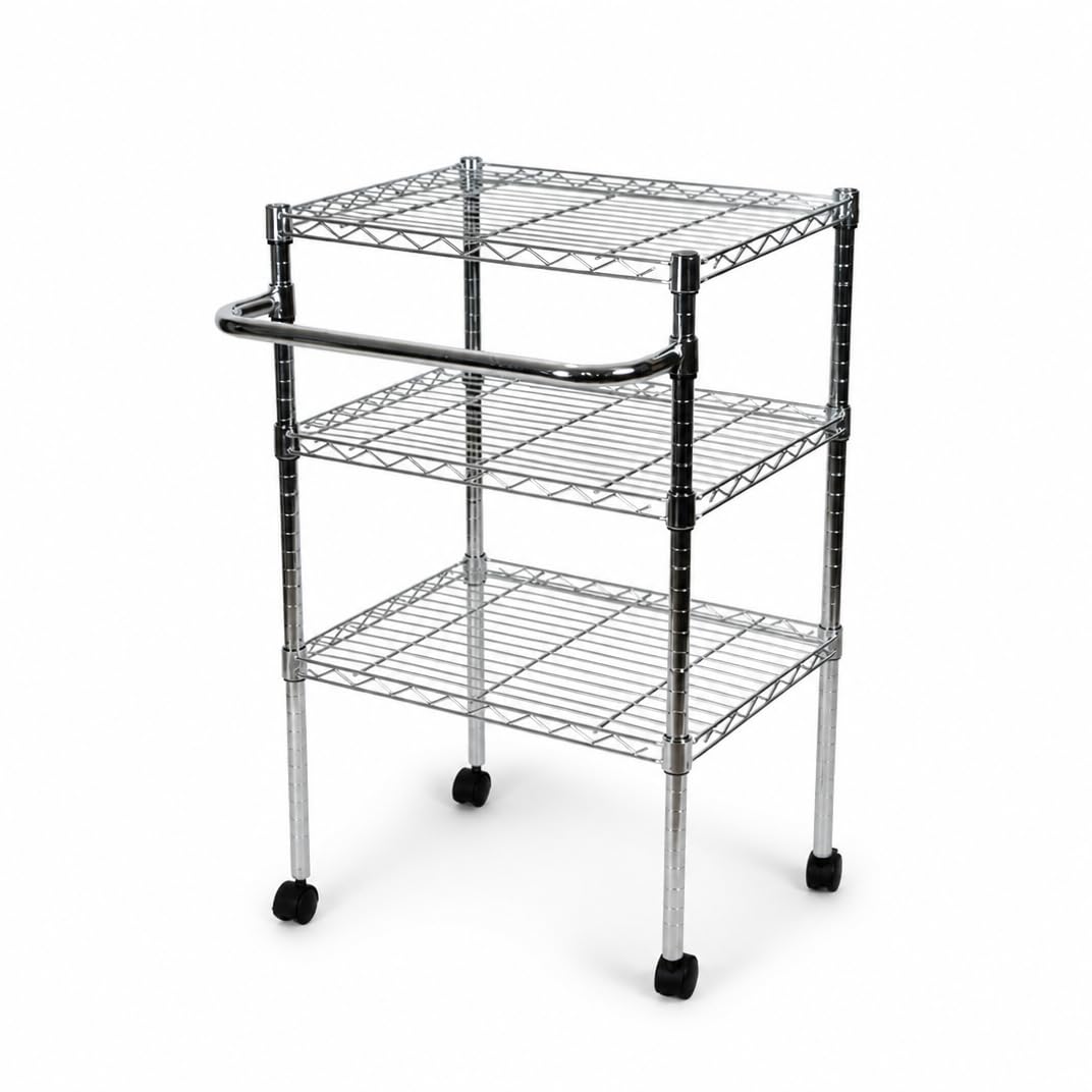 Scaffaliera grigia cromata a 3 ripiani con ruote bloccabili e maniglione, altezza dei ripiani e piedini di livellamento regolabili, peso massimo 400 kg, Cromo, 46 x 61 x 94 cm (P x L x H)
