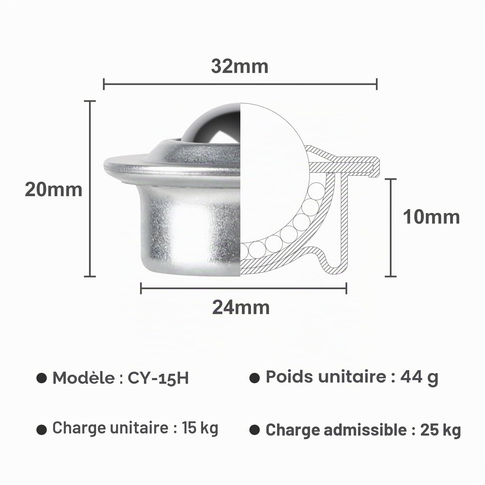 CPROSP 12x Roulettes de Transfert avec Roulement à Billes, Roulettes à Billes pour Meubles, Roulettes à Billes de Transfert et en Acier Inoxydable, Rotation à 360 Degrés, pour Meubles