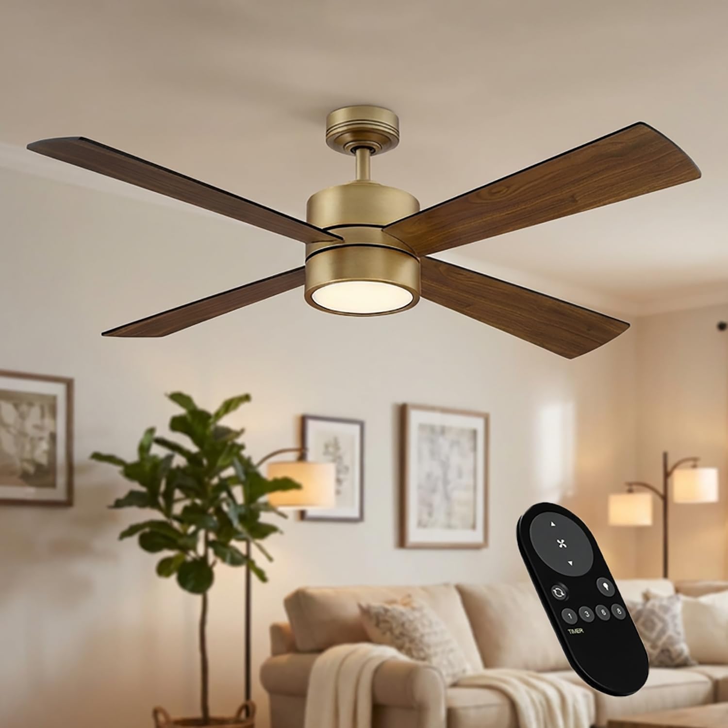 Photo 1 of Parrot Uncle Gold Ceiling Fans with Lights and Remote 52 Inch Ceiling Fan with Light Low Profile for Bedroom, Dimmable LED, Quiet AC Motor, 6 Speeds, 4 Walnut Reversible Blades, Indoor Outdoor