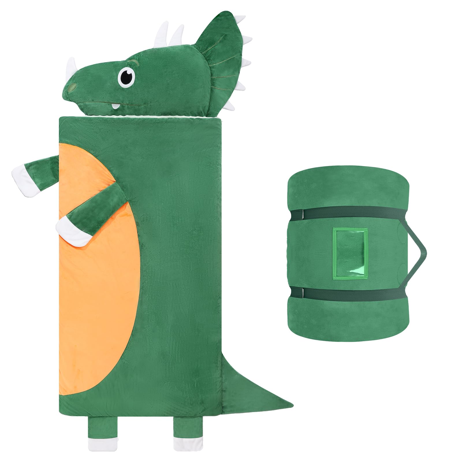 Kids Sleeping Bag with Pillow,Nap Mat for Toddler Boys Girls,Warm Plush Dinosaur Toddler Slumber Bag 170x70cm,Roll Up Large Kids Sleeping Mat with Double Zip for Bedroom Daycare Kindergarten,Green