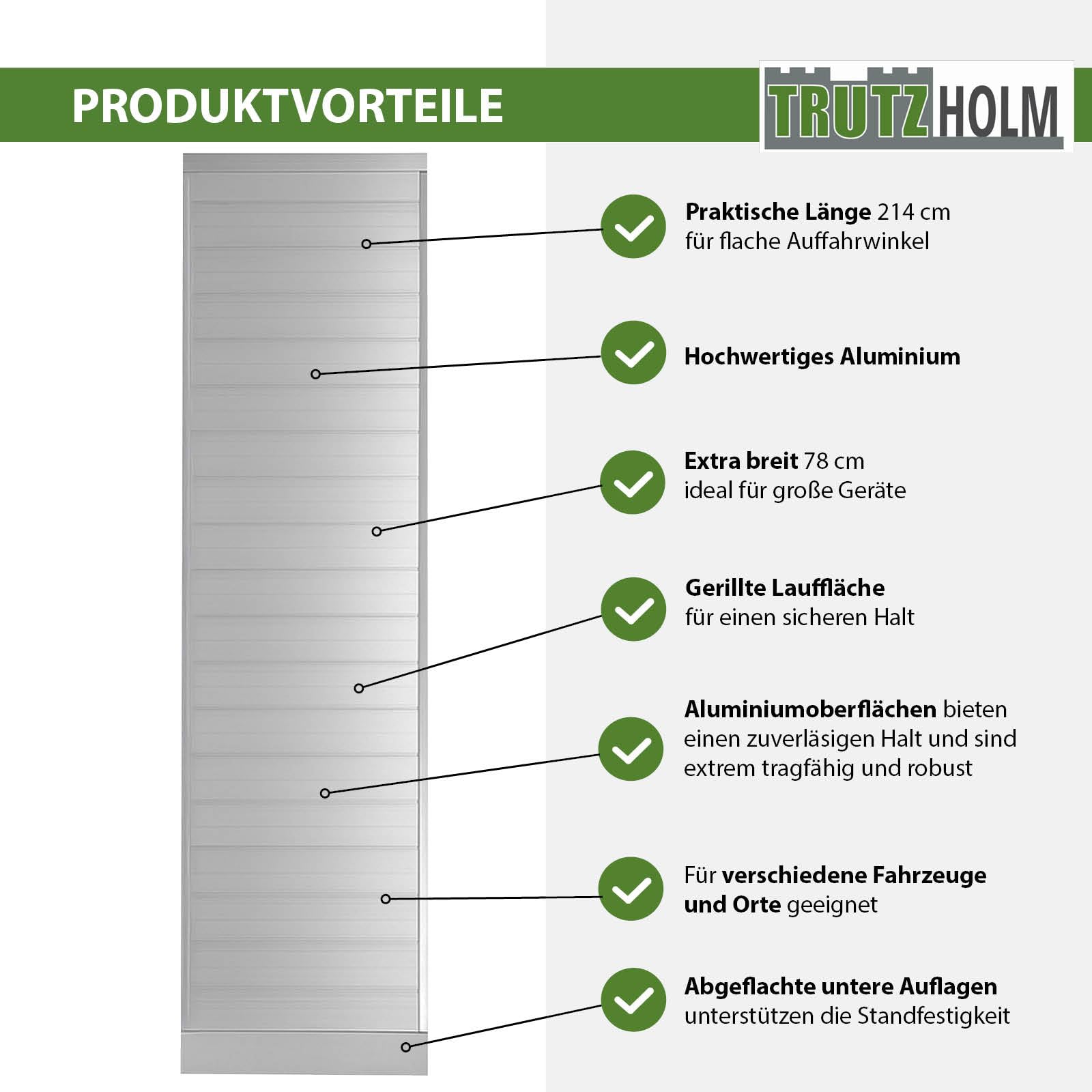 TRUTZHOLM 1 x Breitrampe 214 x 74 cm Traglast 600 kg Alu grau geriffelt Auffahrrampe Eventrampe Laderampe