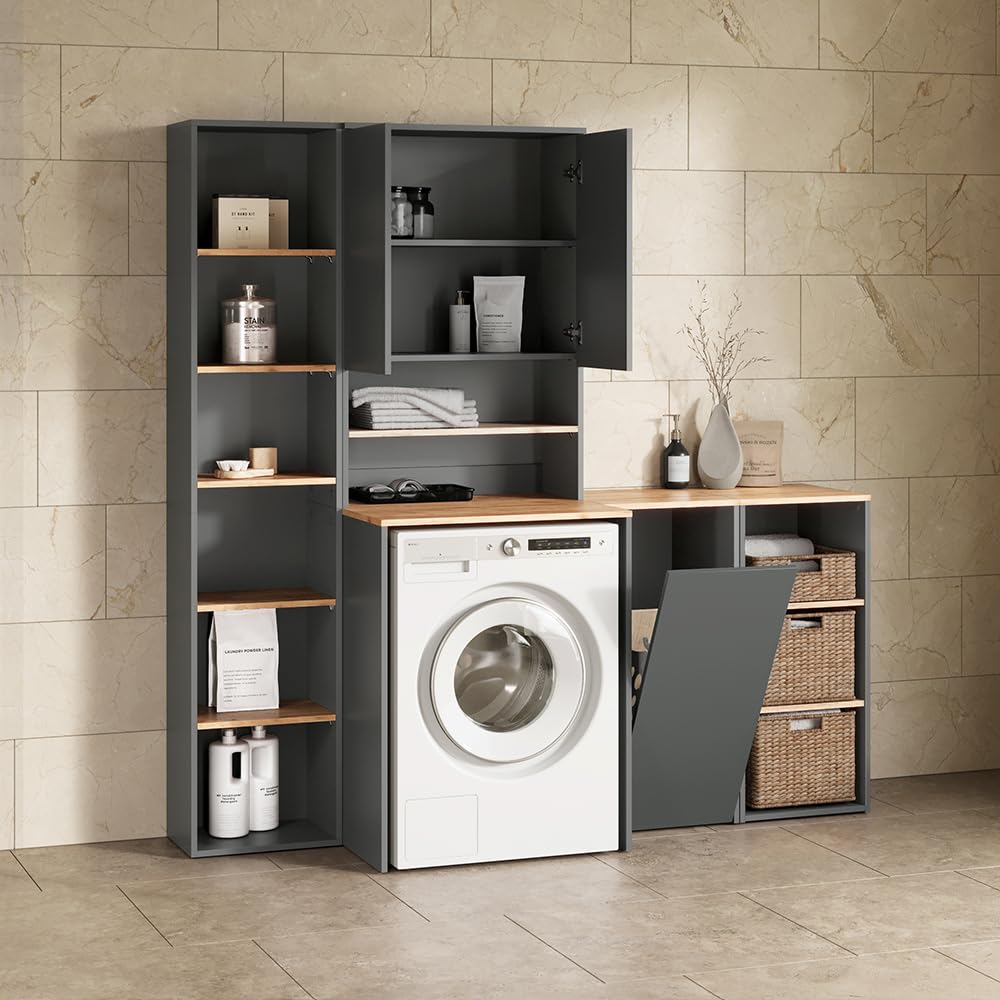 Livinity Armoire Machine à Laver Paolina Anthracite/chêne doré 68x88.2cm | 2 pièces avec étagèreEspace de rangement supplémentaire au-dessus de l'appareil pour le détergent et les accessoires