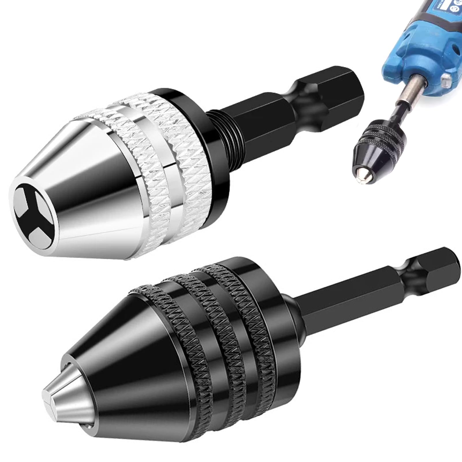 2 Pcs Keyless Drill Chuck Bit 1/4 Inch Hex Shank Keyless Drill Chuck Fast Change Converter Extension Screwdriver Adapter in 0.3-6.5 Mm, 0.3-3.6 mm for