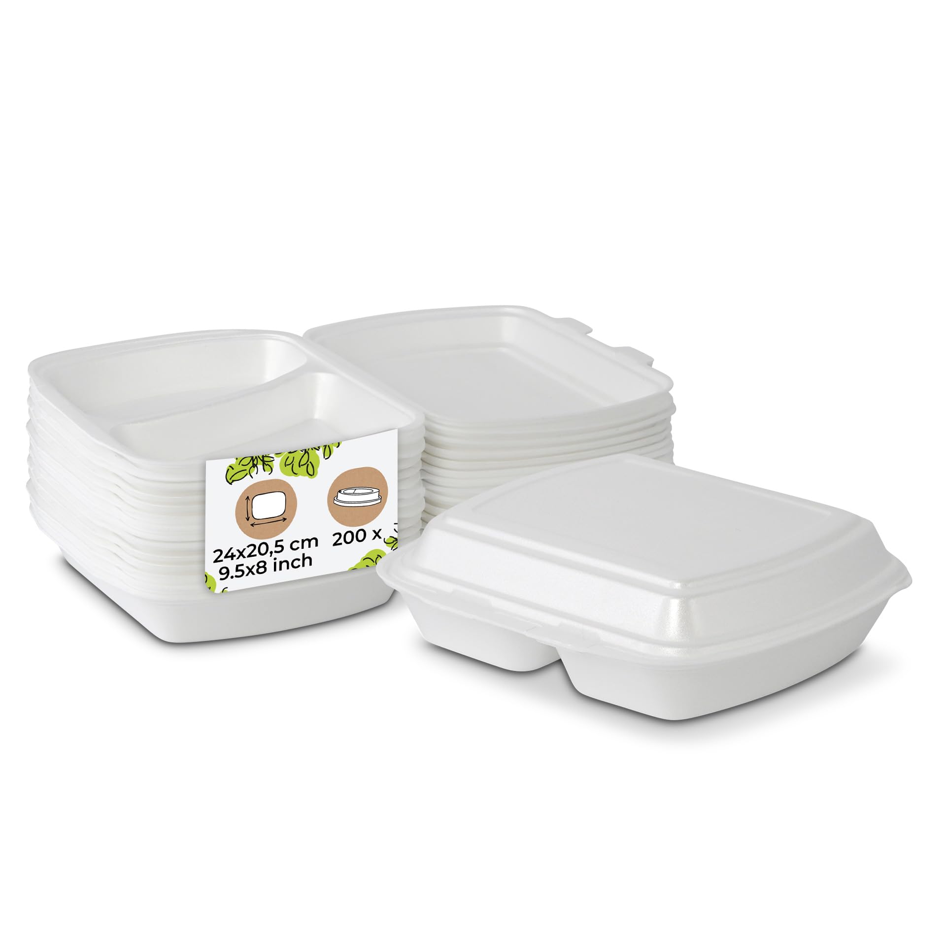 menu box 2 scomparti 200 pz 24 x 20,5 x 7 cm HP4/2 rettangolari bianche - XPS espanso - contenitori per insalata da asporto, box termiche per alimenti, vaschette monouso con coperchio