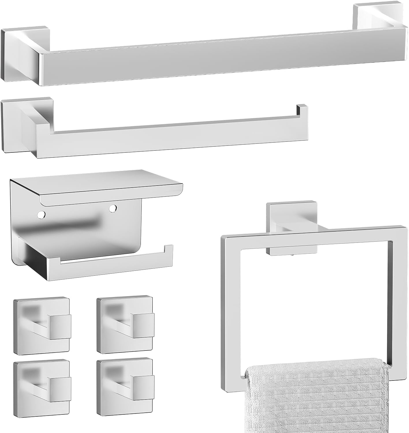 Bathroom Hardware Set – Modern Bathroom Accessory Set with Towel Racks for Bathroom, Towel Bar Set, Bathroom Accessories Set, Hooks, Toilet Paper Holder, Shelf, Towel Ring (8 Piece Brushed Nickel)