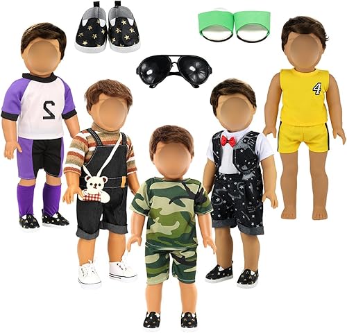 Barwa Ropa de muñeca para niño, 5 juegos, 2 pares de zapatos, 1 par de lentes compatibles con muñecas de 18 pulgadas