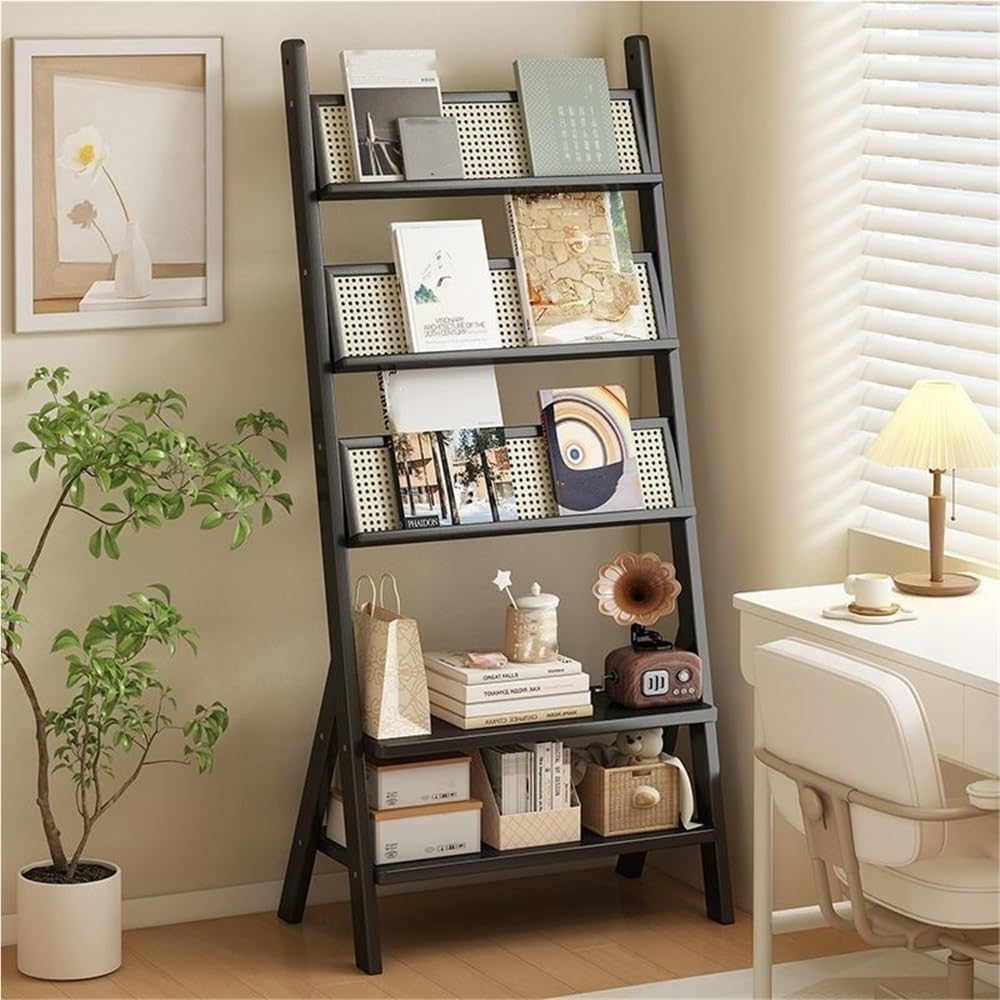 5-Tier Wooden Ladder Shelves with Rattan-Like Design Large Capacity Book Shelf Open Display Floor Magazine Stand for Living Room Practical(Brown)