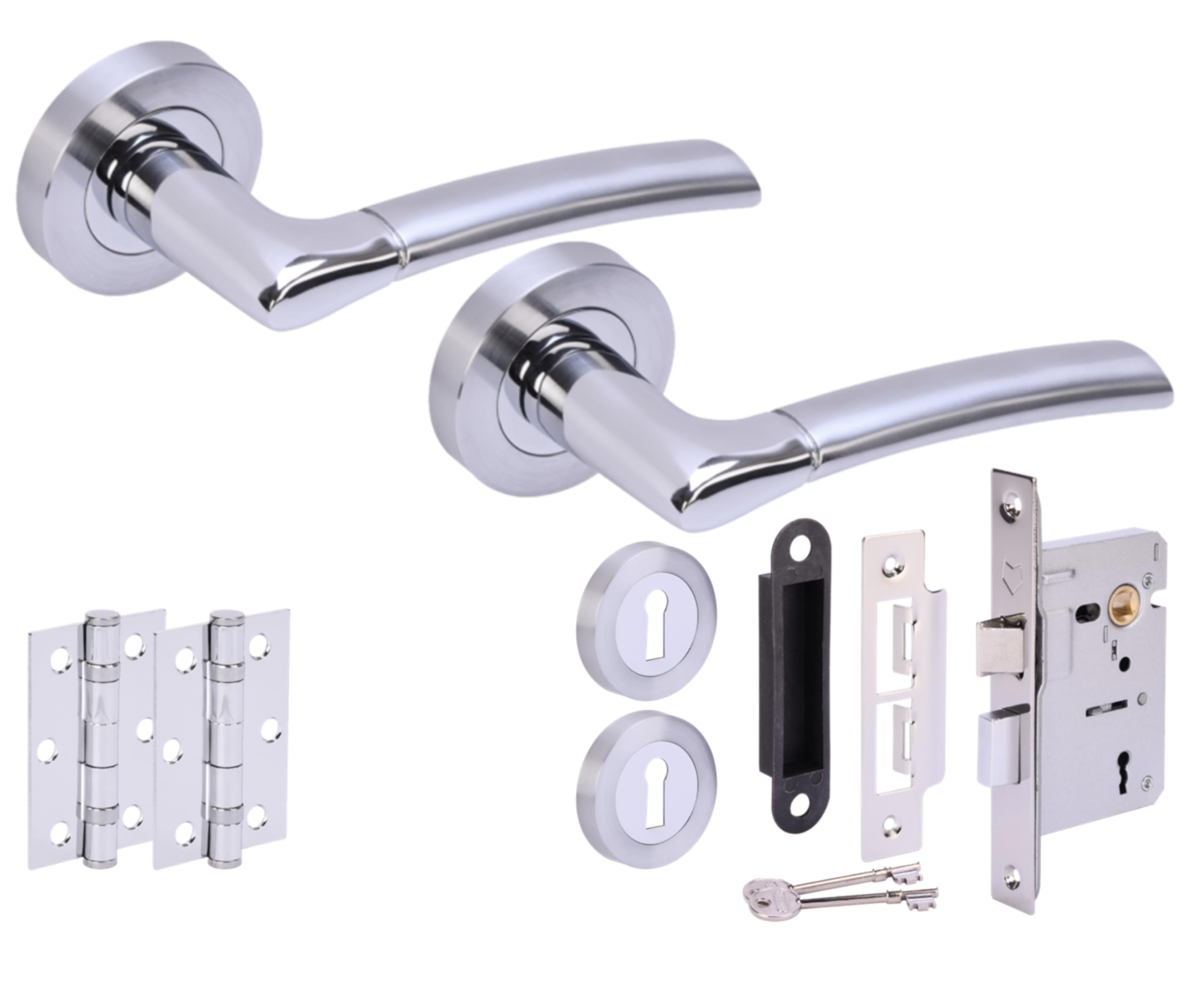 Hunta Polished Chrome / Satin Chrome Handlezone® Columba Premium Door Handles On Rose 3 Lever Lock Pack With 75Mm Ball Bearing Hinges And 65Mm Lock - Dual Polished/Satin Chrome