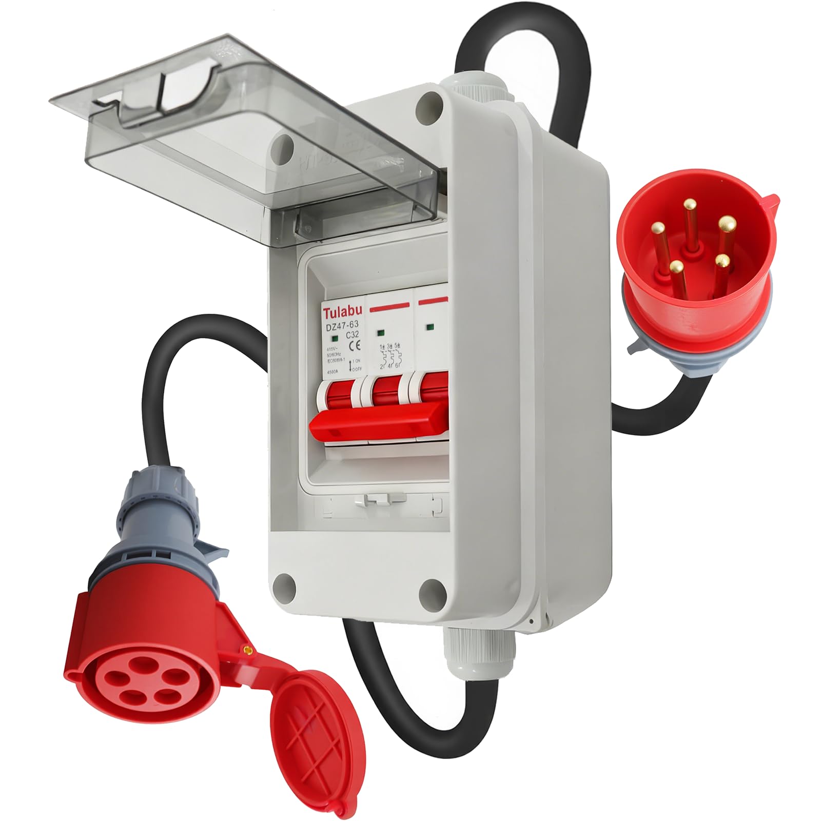 Adattatore CEE 32A a 16A CA con interruttore di protezione del cavo, monofase, 5 poli IP44 impermeabile, 3x2,5 mm², ideale per industria, cantiere, camper e uso domestico