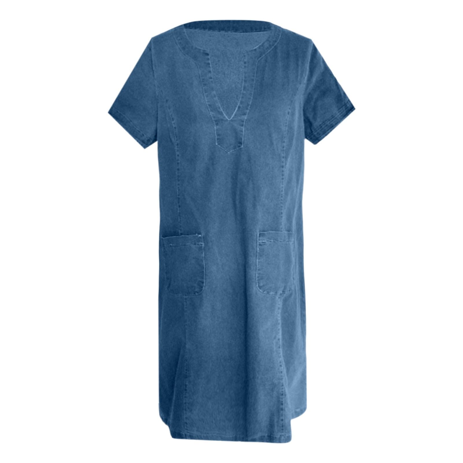 Robe d'été élégante et décontractée sans manches en jean avec col rond et poches pour femme semi-formelle
