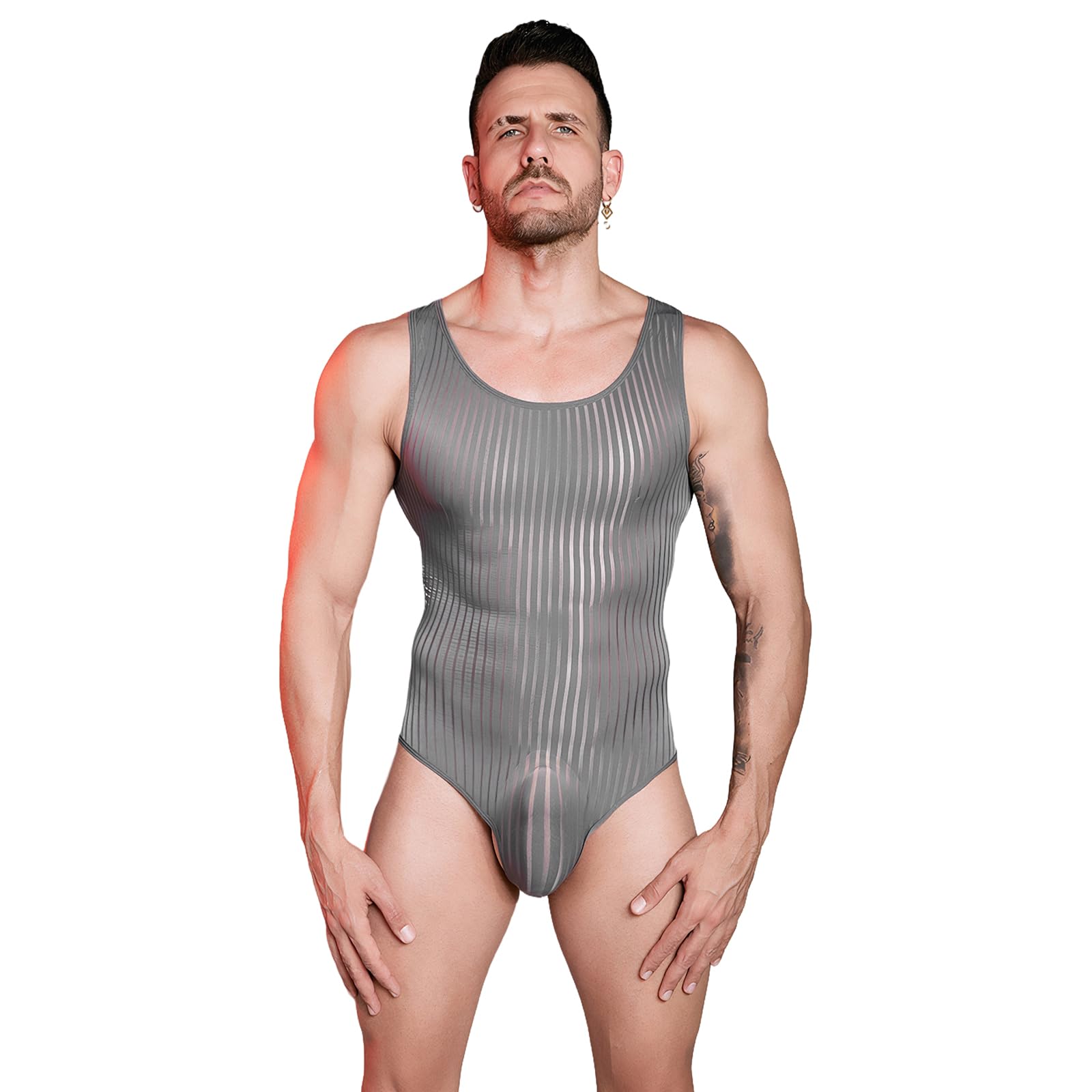 Men's Sleeveless Ribbed Bodysuit Stretchy Sheer One-Piece Underwear Leotard Sexy Slim Fit Tank Top Bodysuit See-through Body Shapewear Breathable Seamless Wrestling Singlet Party Clubwear Loungewear