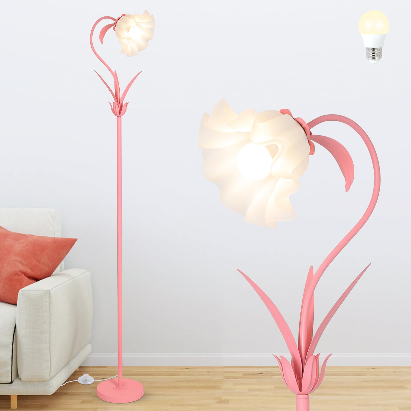 Stepeak Lámpara de Pie Rosa Salón, Lámpara de Pie con Pantalla de Flor y Bombilla LED, Lámpara Flor Lirio de los Valles, Lámpara de Pie Flor, Lámpara de Pie Moderna de Lectura para Dormitorio Despacho