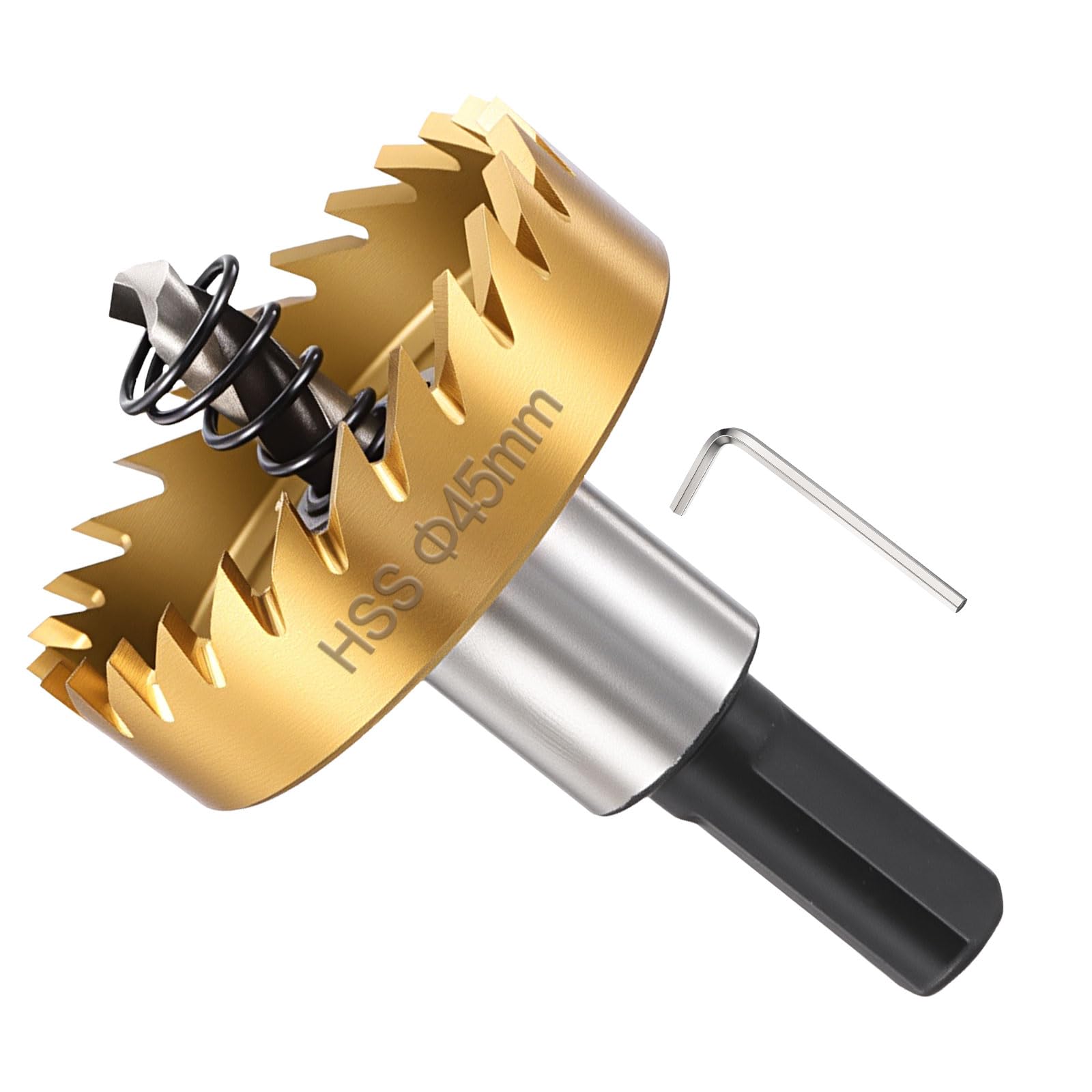 METALLIXITY Hole Saw 45mm (1-3/4"), 4341 High Speed Steel Hole Cutter with Center Drill Bit, Hex Key and Spring