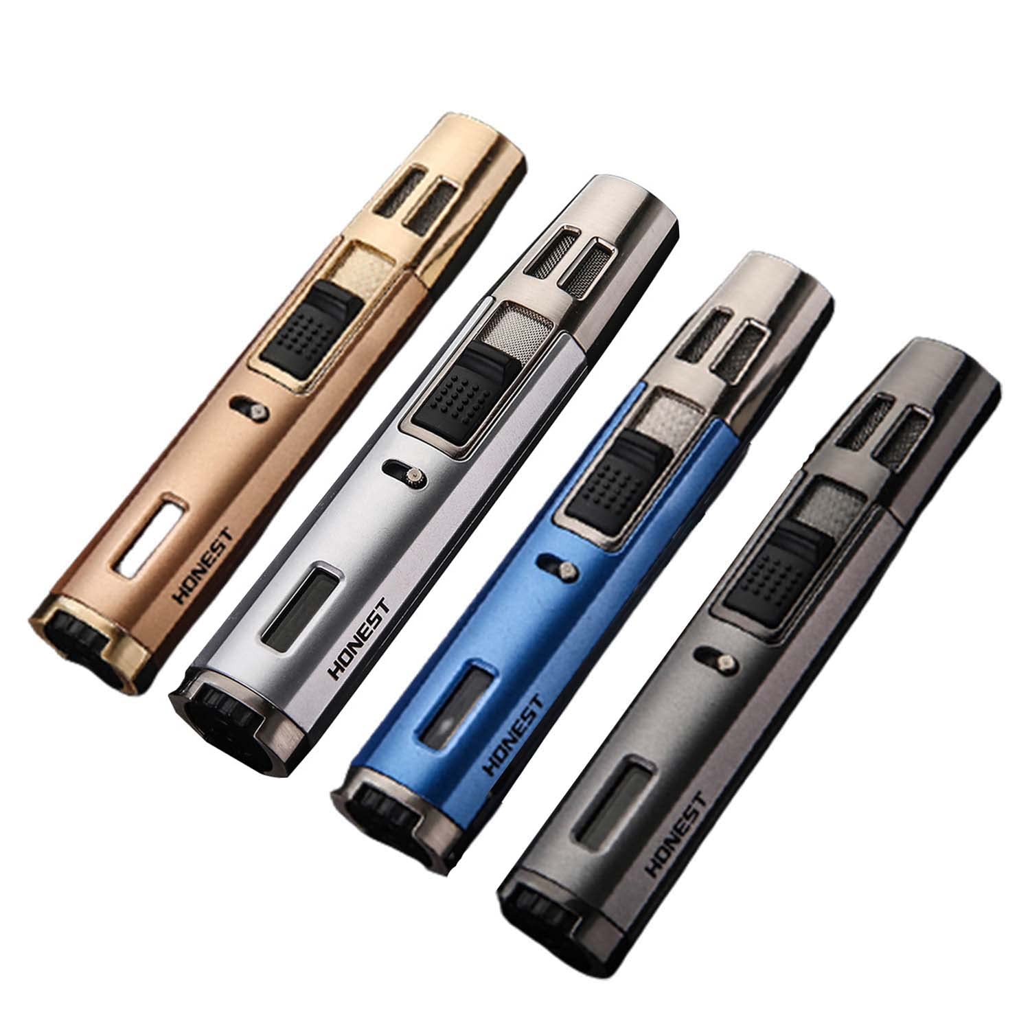 Lot de 4 Briquets Torche à Double Jet Au Butane Rechargeable avec Stylo à Flamme Continue à Fenêtre Visible, Excellents Cadeaux et Outils pour Hommes (sans Gaz)