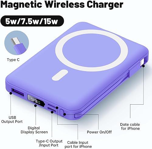 Miniatura 2 de Yiisonger Banco de energía inalámbrico magnético, cargador portátil de 10000 mAh, 22.5 W PD de carga rápida con cables incorporados, pantalla LED,
