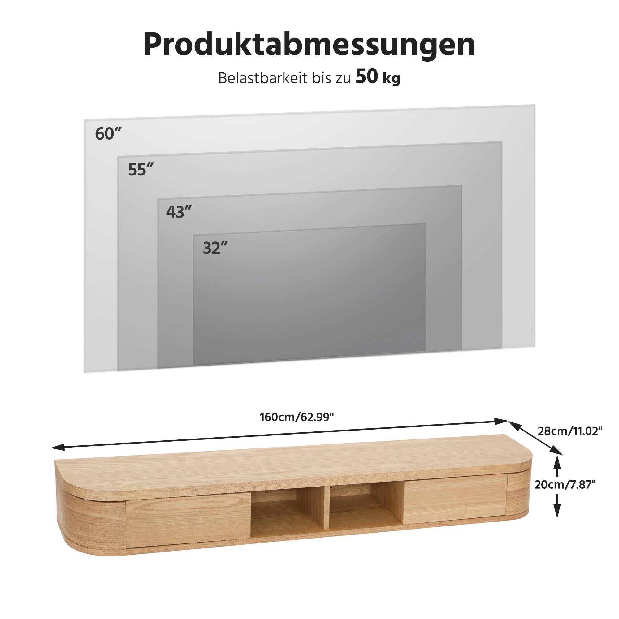 Schwebendes TV-Regal, 160 cm Wandmontiertes TV-Board mit Stauraum & Abgerundeten Ecken, Hängendes Medienboard mit Türen für Schlafzimmer und Wohnzimmer (Naturholzfarbe)