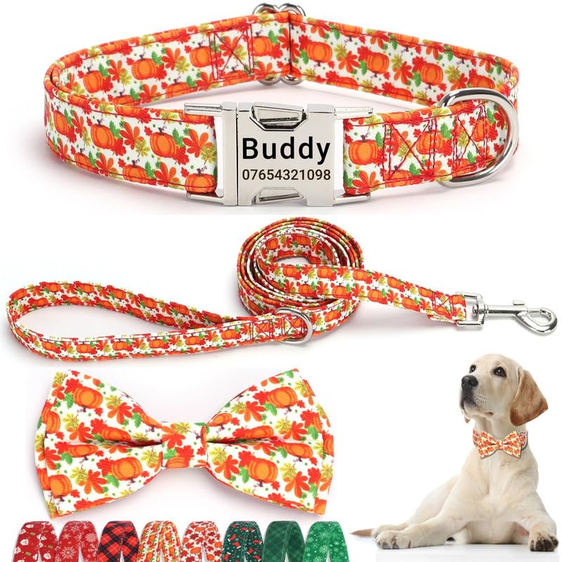 SEOUGEE Fall Dog Collar Personalised with Bowtie & Lead Set, Adjustable Cotton Thanksgiving Halloween Dog Collars and Leash with Engraved Metal Buckle for Medium Dogs (Pumpkin Set, M:Neck 35-50cm) — image 1