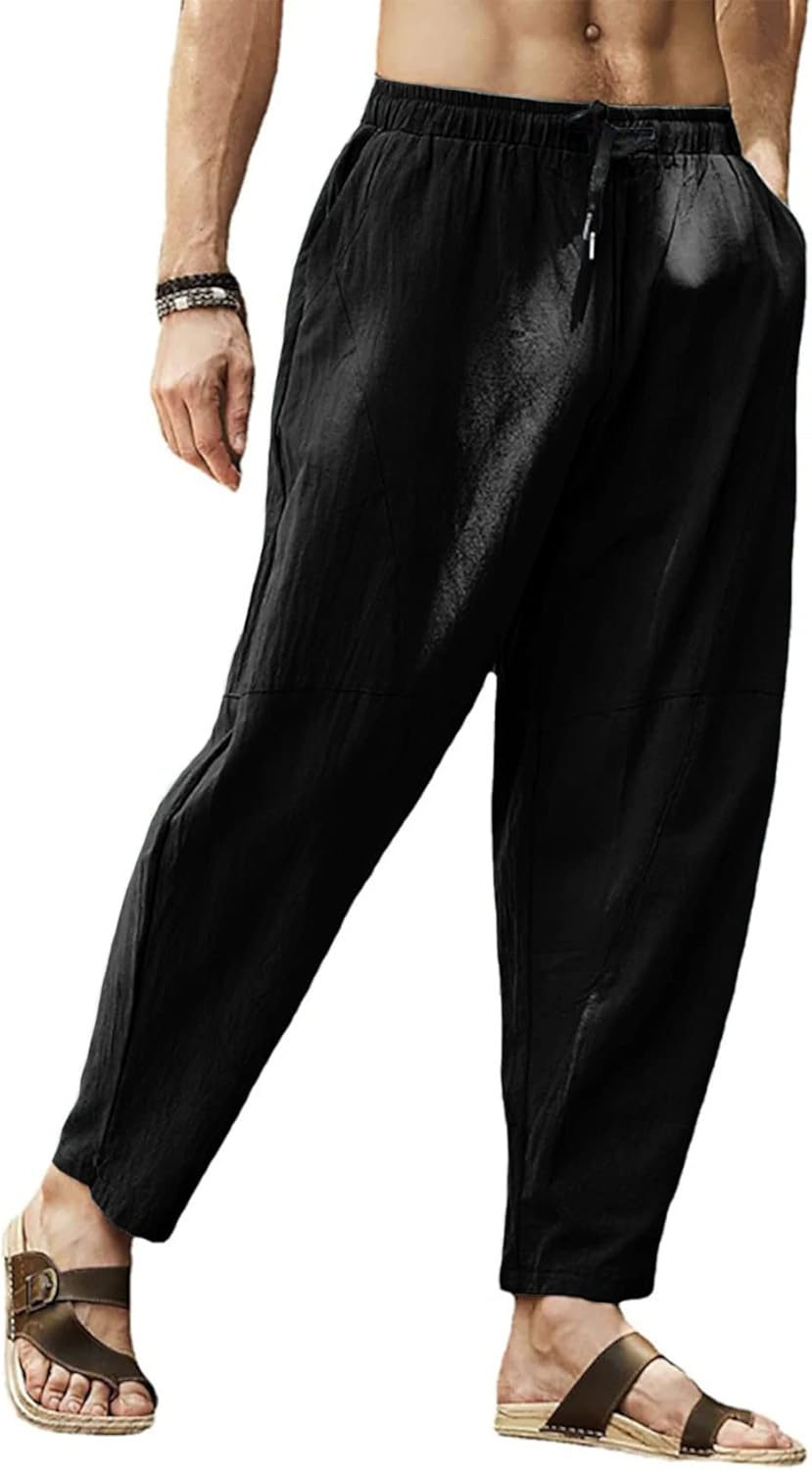 Gafeng Mens Linen Harem Pants Casual Loose Fit Beach Drawstring Elastic Waist Yoga Trousers with Pockets - Image 2