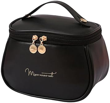ARLICORPING Large Capacity Cosmetic Bag, Women's Makeup Travel Bag Portable Leather Bag (Black (Medium)), 11 Centimeters