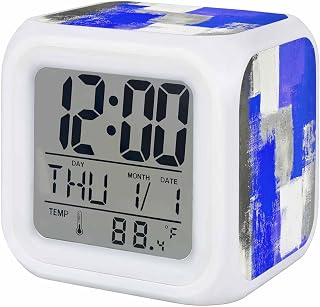 Navy Blue Grey Oil Painting Alarm Clock, Abstract Modern Geometric 7 Color LED Digital Clock for Bedroom, Small Desk Clocks for Living Room Bedside Office, Battery Operated, Temperature and Date