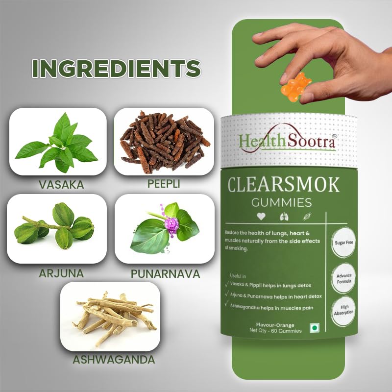 Image of Clearsmok Gummies - Unique Formulation Recover From Side Effects of Smokings on Heart , Lungs & Muscles| Sugar-Free Orange Flavor | Vasaka, Pippali, Arjuna, Punarnava, Ashwagandha | Advanced Formula | Natural Ingredients | 60 Gummies Pack | Complete Detox (Pack of 1)