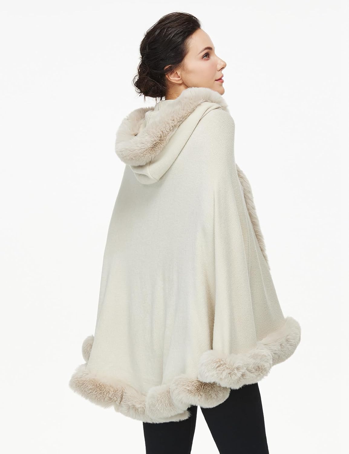Poncho Hooded Shawl Wrap Women Cape Winter Faux Fur Trim Coat Sleeveless Cardigan Dressy Cloak for Party - Image 3