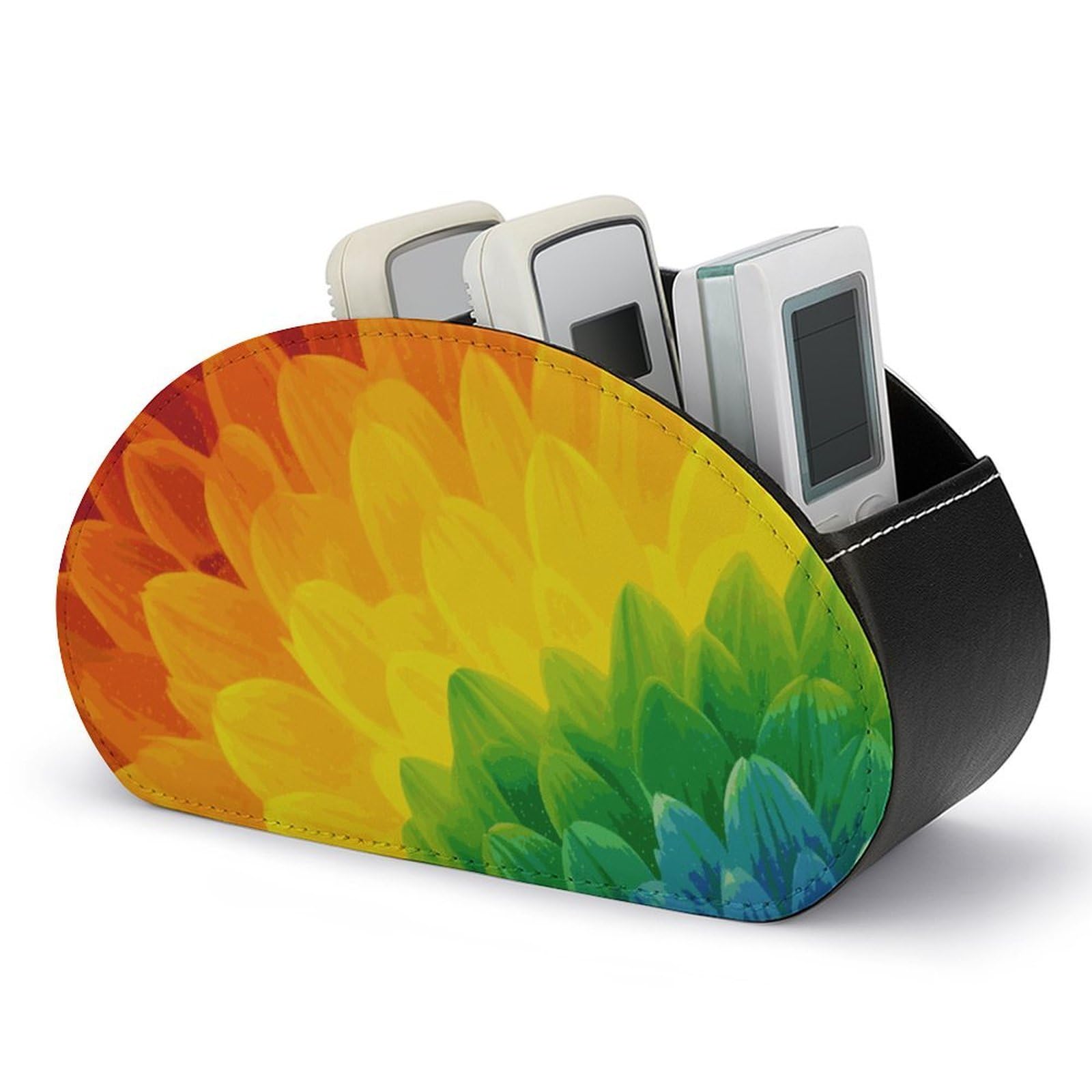 JTREHY - Sunflower Remote Control Holder with 5 Compartments PU Leather Remote Control Holder Nightstand Organizer